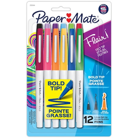 Paper Mate Flair Felt Tip Pens, Bold Tip (1.2 mm), Assorted Colors, 12PK 2125414