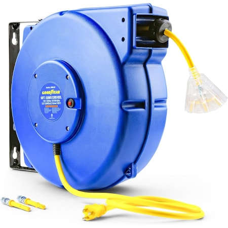 Goodyear Cord reel with 12AWGX3C, SJT 65ft yellow cord line, S3 Triple outlet GUR077