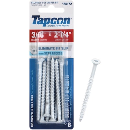 Tapcon 3/16'' x 2-1/4'' Star Drive Flat Head White Concrete Screw Anchors, 8 Ct. 28172