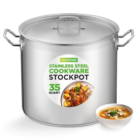 Nutrichef Stainless Steel Cookware Stockpot, 35 Quart Heavy Duty Induction Soup Pot With Stainless Steel Lid NCSPT35Q