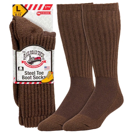 Railroad Sock Mens Steel Toe Boot Crew Socks, Cotton, Brown, Large, 1PR 6124 BR