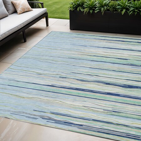 Homeroots 10' X 14' Sky Blue Aqua And Gray Striped Washable Indoor Outdoor Area Rug 597294