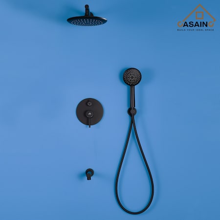 Casainc CASA INC 9.5in. Round Wall Mounted Shower System Kit with Handheld Spray & Tub Spout in Black HM-B204-RO-MB