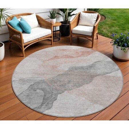 Homeroots 8' Salmon And Gray Round Abstract Washable Indoor Outdoor Area Rug 631853