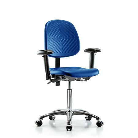 Blue Ridge Ergonomics Poly Chair Chrome, Med Bench, Med Back, Tilt, Arms, Casters, Blue BR-PMBCH-MB-CR-T1-A1-NF-CC-BLU