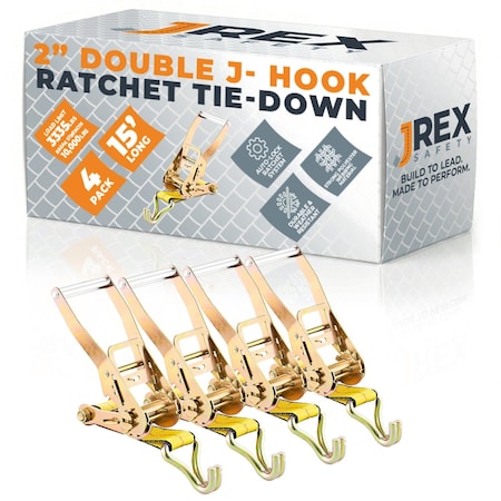 Jrex Safety 4PK HD Ratchet Straps with Double J Hooks, Yellow 2 in x 15 ft Tie Downs RTD215-JR-DJH-4PK
