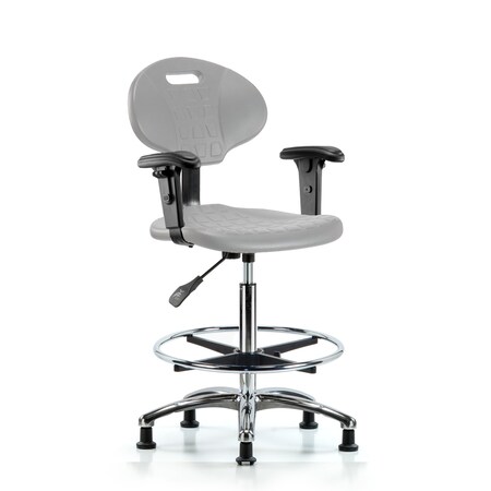 Blue Ridge Ergonomics Poly Chair Chrome-High Bench Height with Chrome Foot Ring, Adj Arms, & Stationary Glides in Gray Poly TPHBCH-CR-A1-CF-RG-GRY