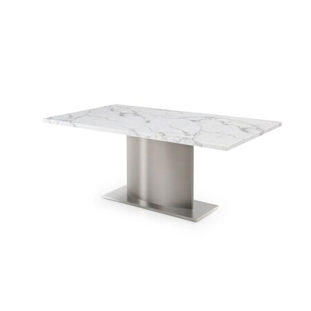 Homeroots 72" Gray White and Silver Marble and Stainless Steel Pedestal Base Dining Table 555185