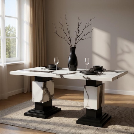 Homeroots 82" Black and White Faux Marble and Wood Double Pedestal Base Dining Table 564893