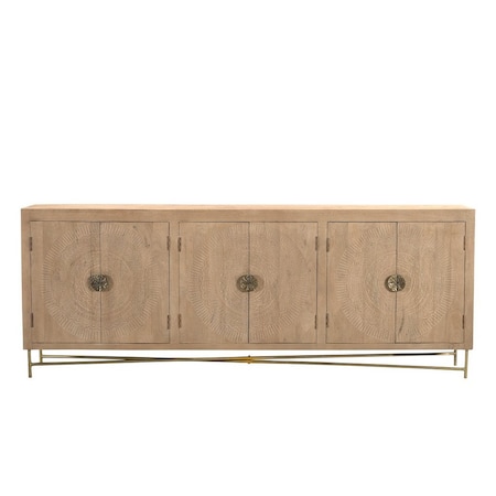 Homeroots 95in Natural And Antiqued Gold Solid Wood Carved Geometric Sideboard with Six Doors 521383