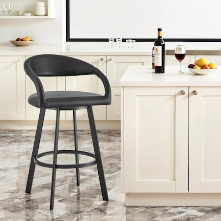 Homeroots 30" Black Faux Leather and Iron Low Back Bar Height Swivel Bar Chair 569183