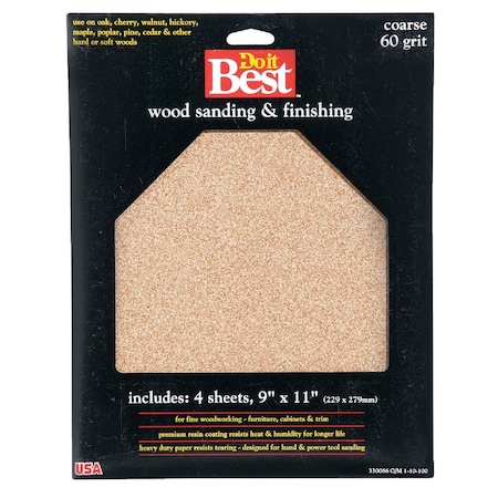 Do It Best Bare Wood 9''x11'' 60 Grit Coarse Sandpaper, 4PK 330086GA