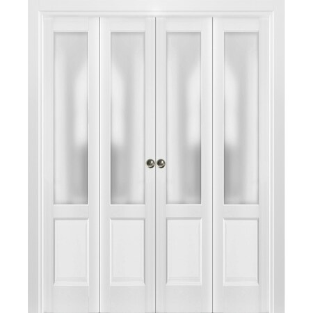 Sartodoors Sliding Closet Double Bi-fold Doors, Lucia 22 White Silk with Frosted Glass, Sturdy Tracks Molding LUCIA1422DBF-BEM-96 x 96 (4* 24x96)