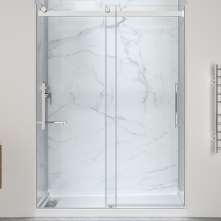 Anzzi 76'' x  57-60'' Sliding Frameless Shower Door in Polished Chrome with Alcove Left Drain Shower Base SD-5902302L-CH