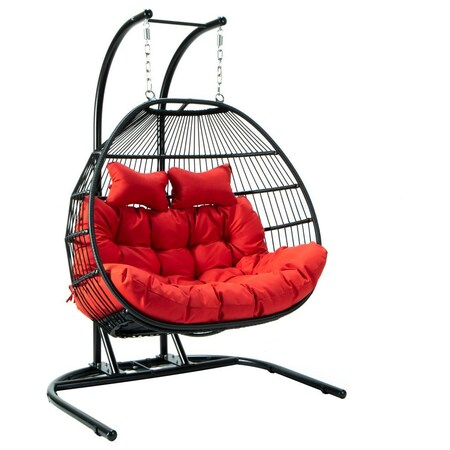 Leisuremod Wicker 2 Person Double Folding Hanging Egg Swing Chair with red Cushions ESCF52R
