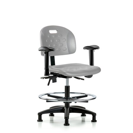 Blue Ridge Ergonomics Poly Chair-Medium Bench Height with Adj Arms, Chrome Foot Ring, &Stationary Glides in Gray Poly HPMBCH-RG-T0-A1-CF-RG-GRY