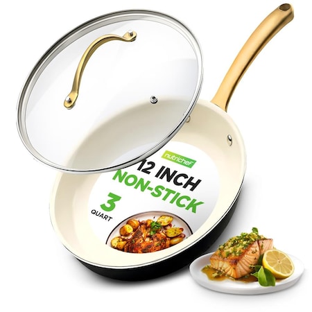 Nutrichef 12-Inch Professional Ceramic Frying Pan With Lid NCHGLDX12