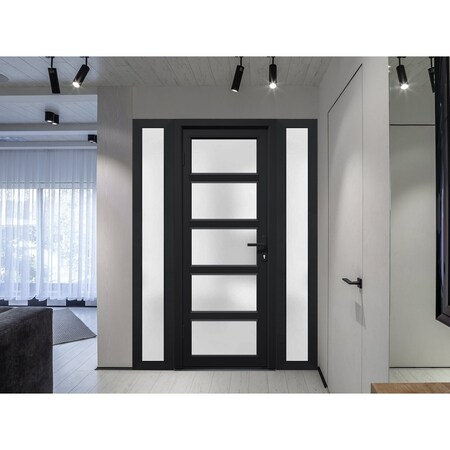 Vdomdoors Front Exterior Prehung FiberGlass Door Frosted Glass / Manux 8002 Matte Black / 2 Sidelight Exterio MANUX8002EXD-BLK-W16+30+16 x H80-RH