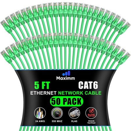 Maximm Cat6 Ethernet Cable 5ft 10Gbps 550MHz UTP, 50PK, Green, 50PK CAT6CCA-5GN-50PK