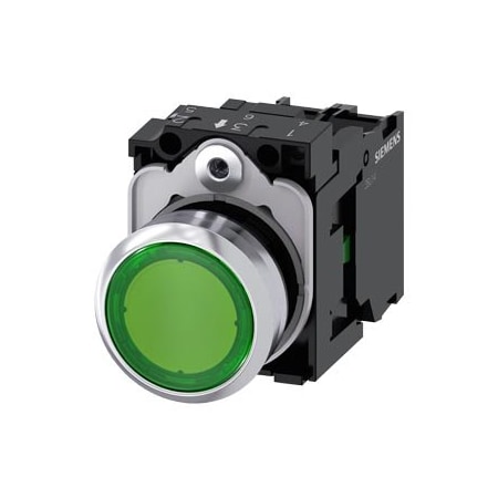 Siemens Illuminated pushbutton, 22 mm, round, metal, shiny, green, pushbutton 3SU1152-0AB40-1BA0