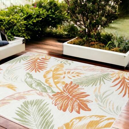 Homeroots 8' X 10' Ivory Green and Orange Palm Leaf Stain Resistant Indoor Outdoor Area Rug 548913