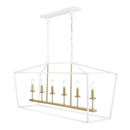 Jonathan Y Pagoda 49" 6-Light Classic Traditional Metal Linear Cage Lantern LED Pendant, White/Brass Gold JYL7439E