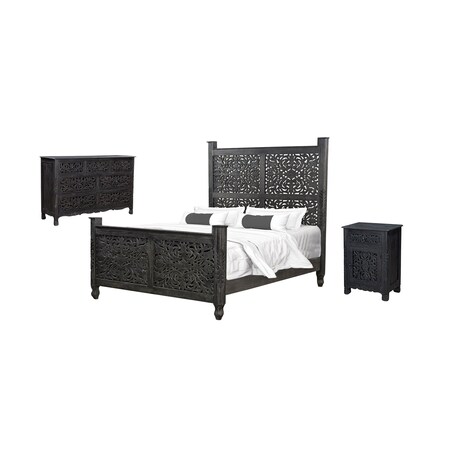 Homeroots Three Piece Black Solid Wood Bedroom Set 636273