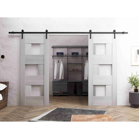 Vdomdoors Sturdy Dbl Barn Door 48 x 84in, Light Grey Oak W/ Frosted Glass, 13FT Rail Hangers Heavy Set SETE6933DB-OAK-4884