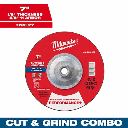 Milwaukee Tool Cut-Off & Grinding Wheel, 7/8" Sz, 7" dia. 49-94-0937