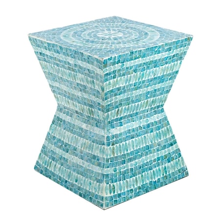 Benjara 14 in. Blue Mosaic Geometric Hourglass Shape Capiz Accent Table Stool, Blue BM284712