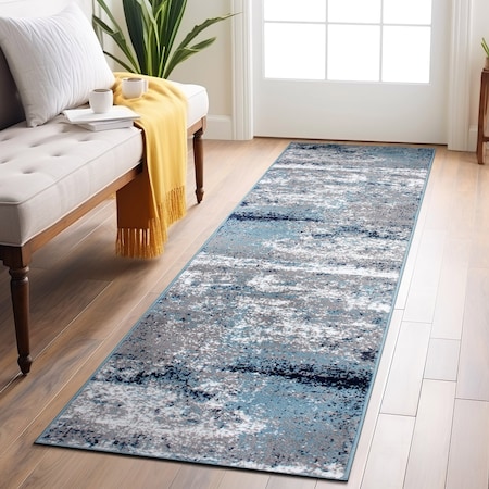 World Rug Gallery Distressed Abstract Watercolor Runner Rug 2 ft 7 in x 8 ft Blue 928BLUE27X8