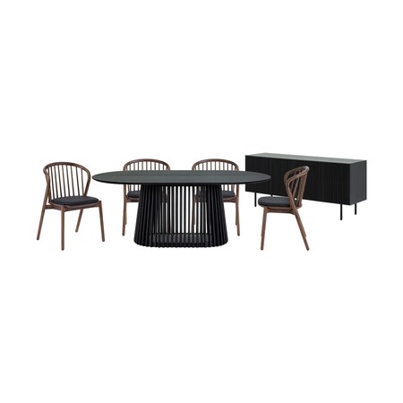 Homeroots Six Piece Black Oval Dining Set with Four Chairs and Sideboard 571712