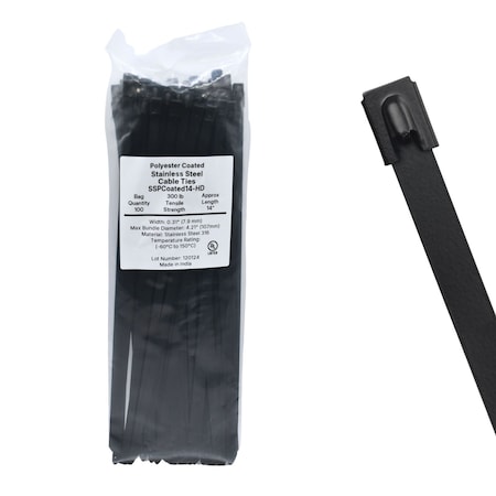 Cable Ties Unlimited Cable Tie, 14 in L, 300 lb Strength, 4 in Max Bundle Dia, Coated 316 Stainless Steel, Black, 100PK SSPCoated14-HD