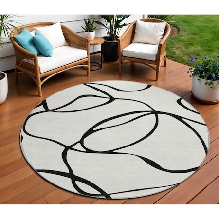 Homeroots 8' White And Black Round Abstract Washable Indoor Outdoor Area Rug 597531