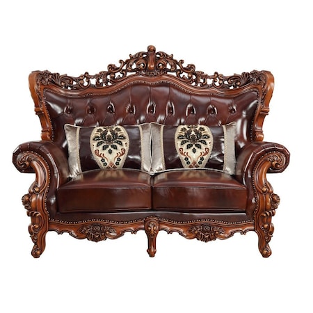 Homeroots 69in Brown And Walnut Top Grain Leather Curved Loveseat and Toss Pillows 515718