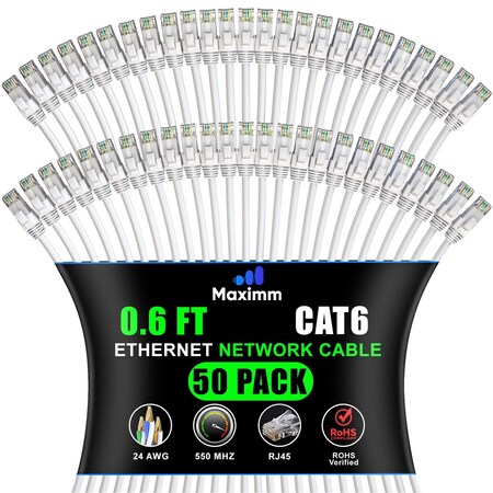 Maximm Cat6 Ethernet Cable 0.6ft 10Gbps 550MHz UTP, 50PK, White, 50PK WH50PK01