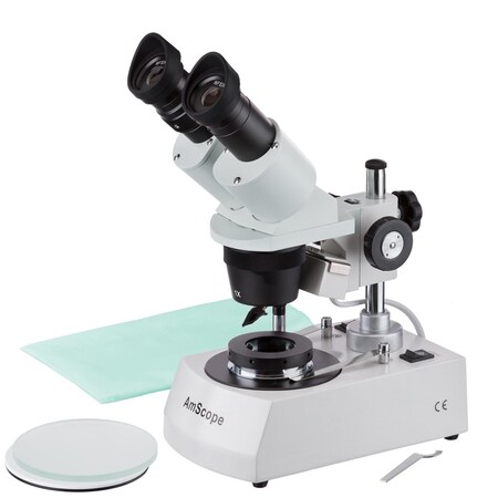 Amscope SE305 Compact Jeweler's Binocular Stereo Microscope 10X-30X w/Angled Head, Metal Pillar Stand, Top & SE305R-P-DK