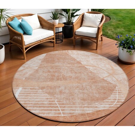 Homeroots 8' Salmon Copper And Ivory Round Abstract Washable Indoor Outdoor Area Rug 587604