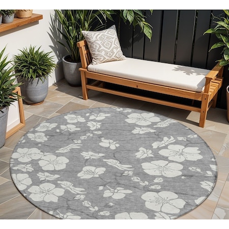 Homeroots 8' Gray And Ivory Round Floral Washable Indoor Outdoor Area Rug 599888