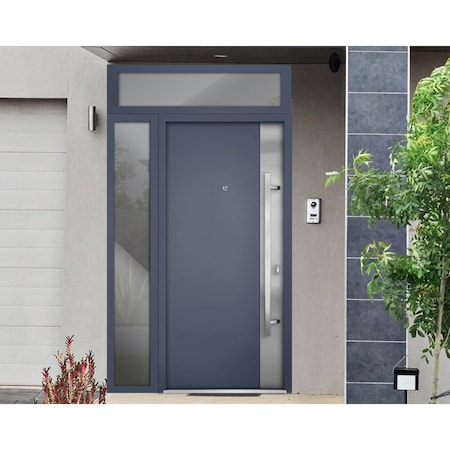 Vdomdoors Steel Door Deux 0729 Gray Graphite Sidelight and Transom Window Stainless Inserts Single Modern Pai DEUX0729EXD-GRE-W36+12 x H80+16-Left-hand Inswing