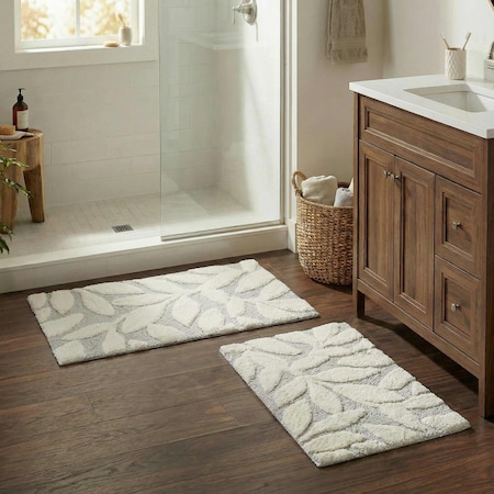 Lavish Home 2PC Bathroom Rug Set 100% Cotton Bath Mats w/ Textured Botanical Leaf Print for Boho Bathroom Decor ST-BATH5-BB