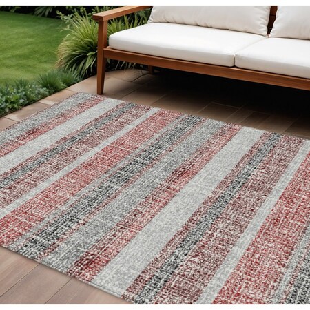 Homeroots 9' X 12' Burgundy And Silver Striped Washable Indoor Outdoor Area Rug 632207