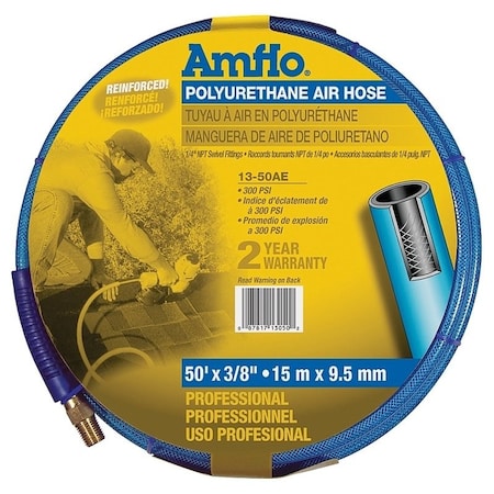 Amflo Air Hose, 38 in OD, 50 ft L, MNPT, 300 psi Pressure, Polyurethane, Blue 13-50AE