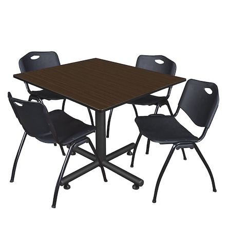 Regency Square Kobe Breakroom Table W/ 4 M Stack Chairs, 48 in W, 48 in L, Neo Walnut TKB4848NW47BK