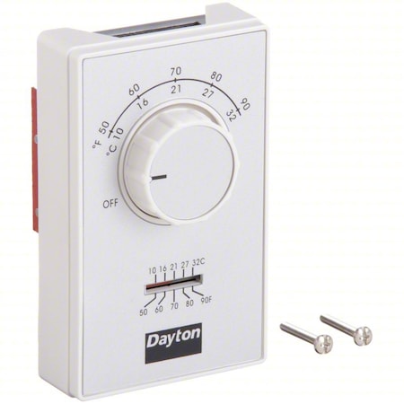 Dayton Line Voltage Mechanical Thermostat, Heat Only, 50 to 90F, Exposed Dial, 120/277V AC, 2 Pole 4PU48C