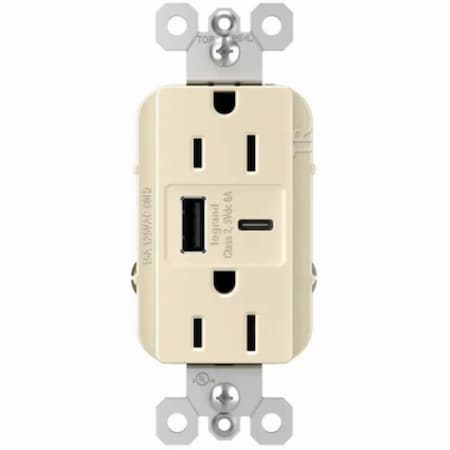 Legrand radiant USB Outlet, 15 A, 125 V, Type A, C USB, NEMA: NEMA 5-15R, Light Almond R26USBAC6LACCV4