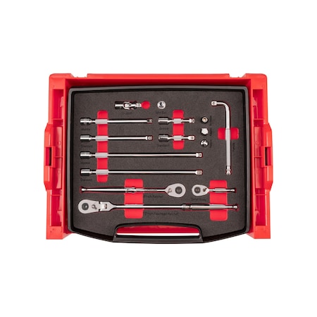 Tekton 3/8 Inch Drive Ratchet and Accessories Set with Open Top Drawer and Rack, 15-Piece SKT96401