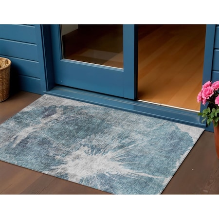 Homeroots 3' X 5' Teal Blue Navy Blue And Gray Abstract Washable Indoor Outdoor Area Rug 582962