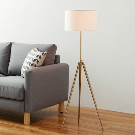Homeroots Gold Metal Adjustable Tripod Floor Lamp With White Linen Drum Shade 569567