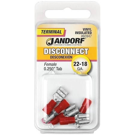 Jandorf Disconnect Terminal, 22 to 18 AWG Wire, Vinyl Insulation, Copper Contact, Red, 5PK 60947